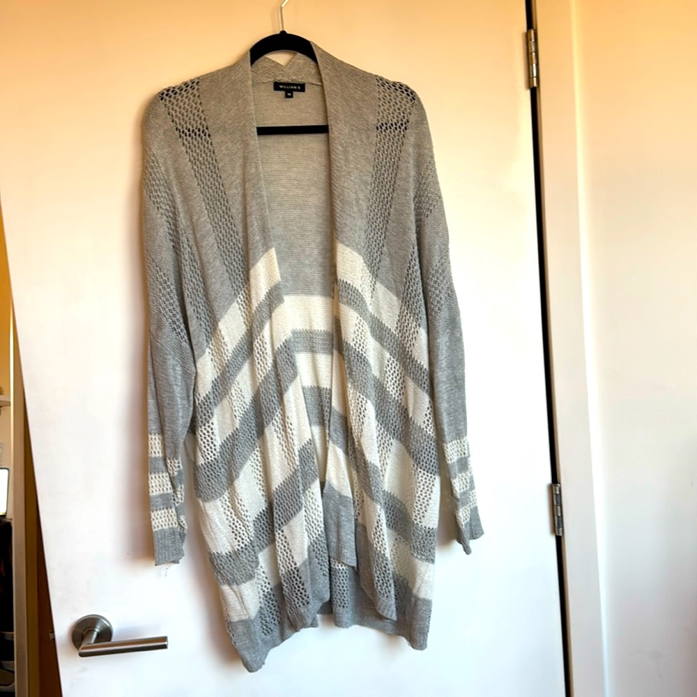 Oversize crochet sweater, light, gray, and ivory stripe